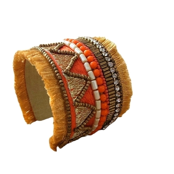 SHIRALEAH Chicago "Santamaria" Orange Beaded Fringe Boho Tapestry Cuff  NWT - Picture 3 of 7
